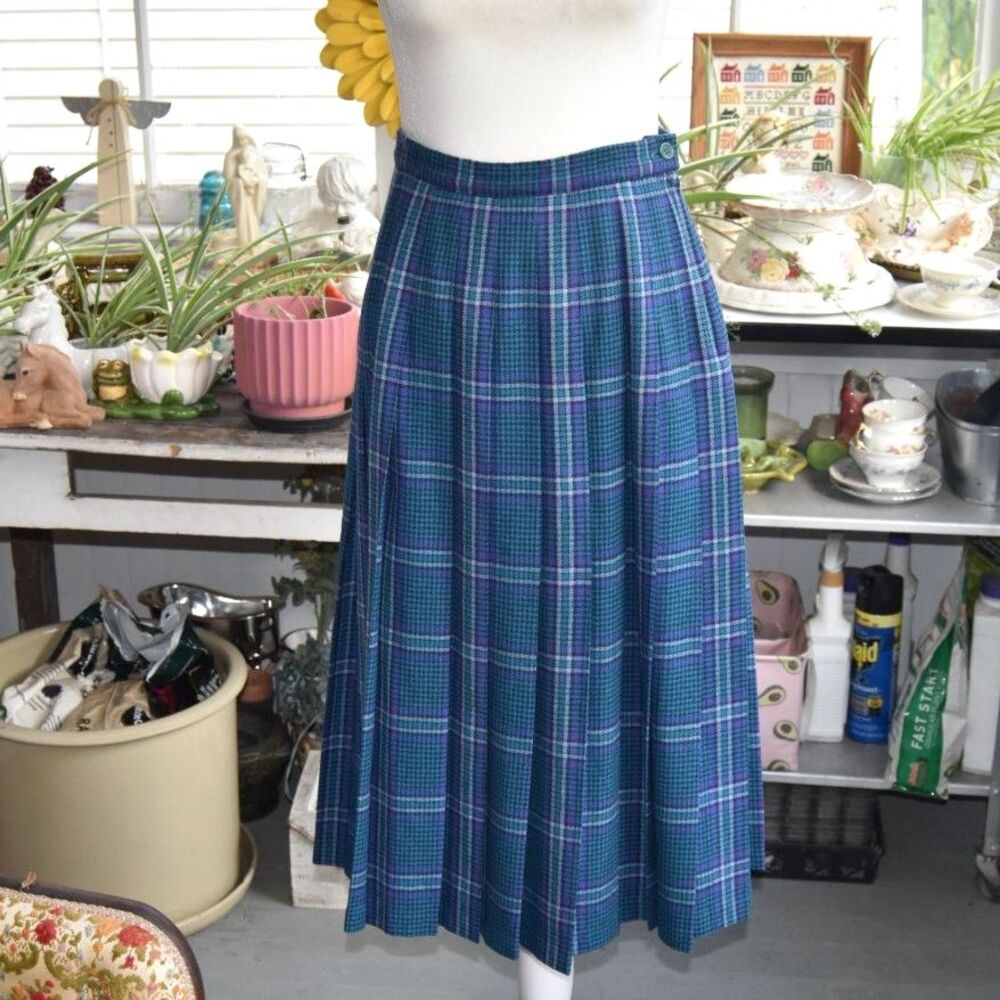 Vintage 70s Pendleton Wool Plaid Pleated Midi Skirt Talon Zip 27” Waist